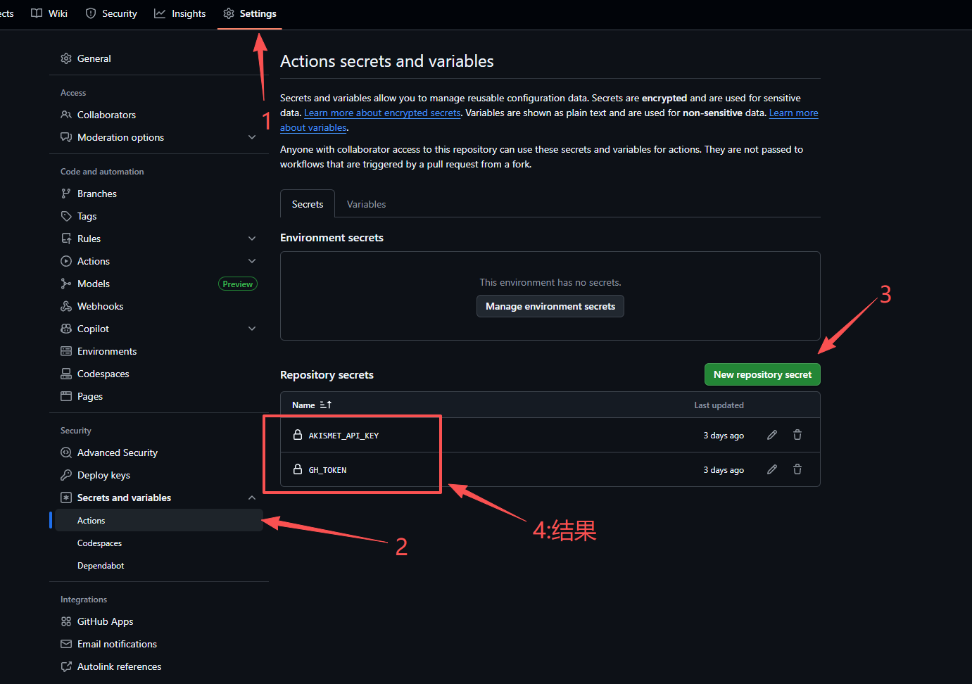 配置仓库 Secrets